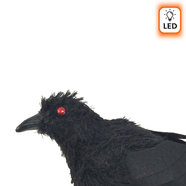 Black Feathered Halloween Crow Decoration | LED Red Eyes, 31 x 10 x 16cm