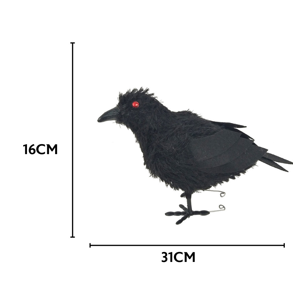 Black Feathered Halloween Crow Decoration | LED Red Eyes, 31 x 10 x 16cm
