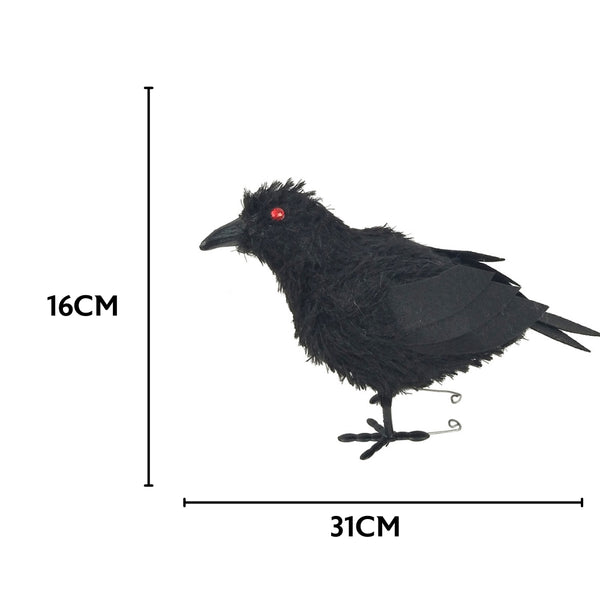 Black Feathered Halloween Crow Decoration | LED Red Eyes, 31 x 10 x 16cm