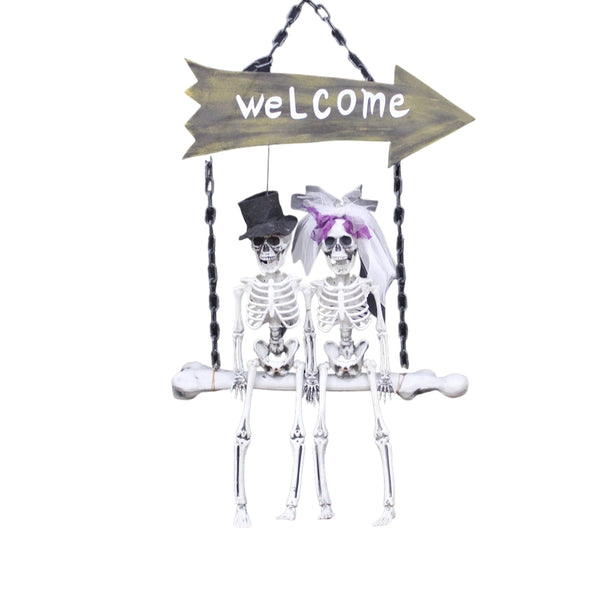 Halloween Skeleton Couple on Swing Welcome Sign | 40 x 20 x 64cm