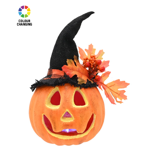 Light Up Jack-o’-Lantern Pumpkin Decoration - Colour-Changing, Witch Hat