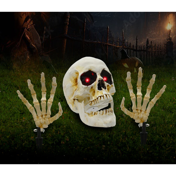 Light Up Ground Breaker Skull Halloween Decoration - Red Eyes, Skeletal Hands