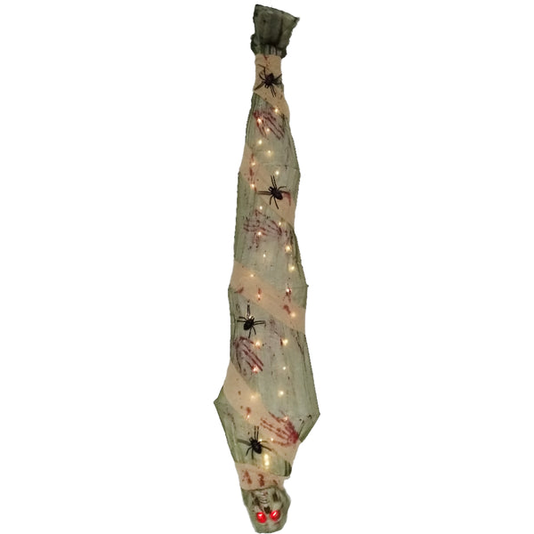 Animated Hanging Cocoon Man Halloween Decoration - Warm White Lights, Red Eyes