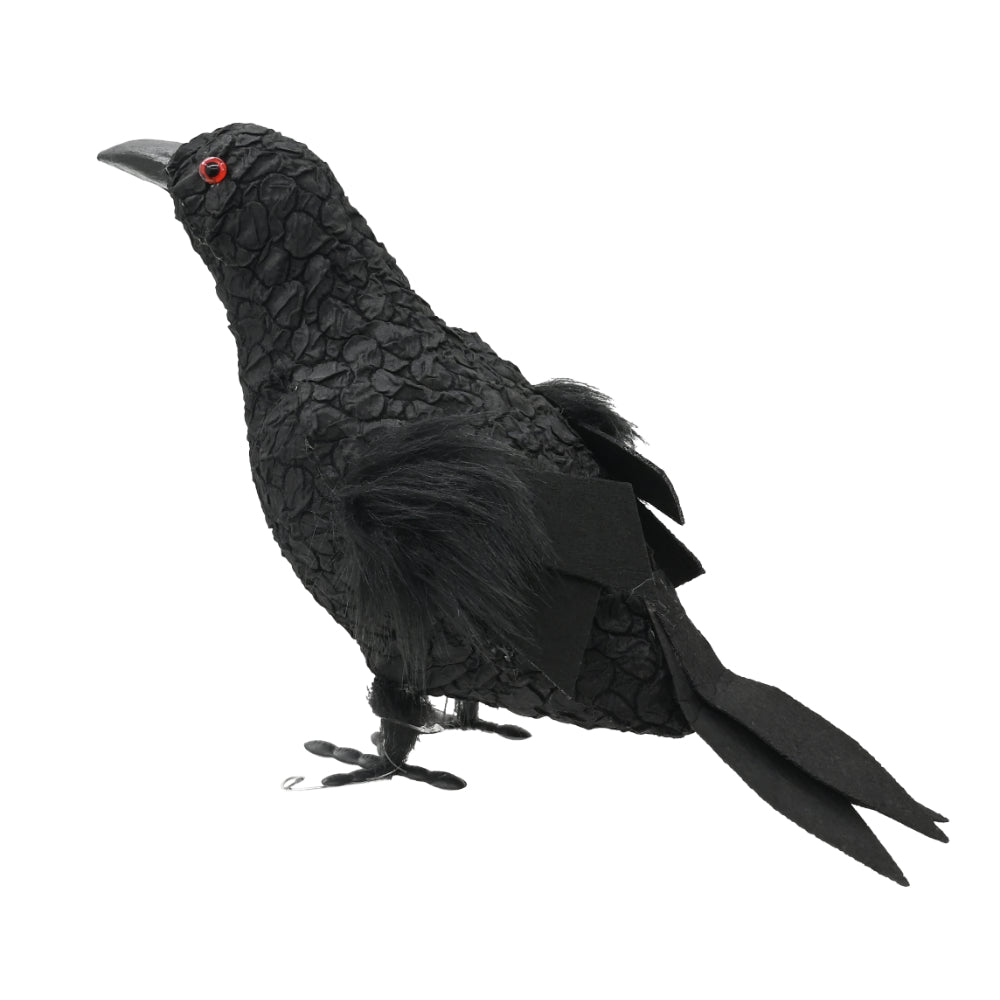 Realistic Black Standing Crow Ornament - Red-Ringed Eyes, Faux-Feather Wings
