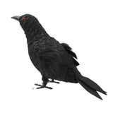Realistic Black Standing Crow Ornament - Red-Ringed Eyes, Faux-Feather Wings