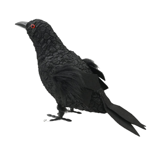 Realistic Black Standing Crow Ornament - Red-Ringed Eyes, Faux-Feather Wings