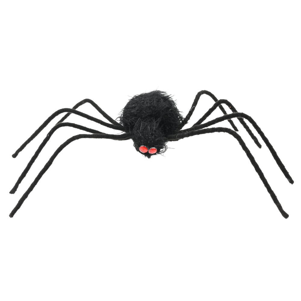 Fuzzy Black Halloween Spider Decoration - Bendable Legs, Red Eyes