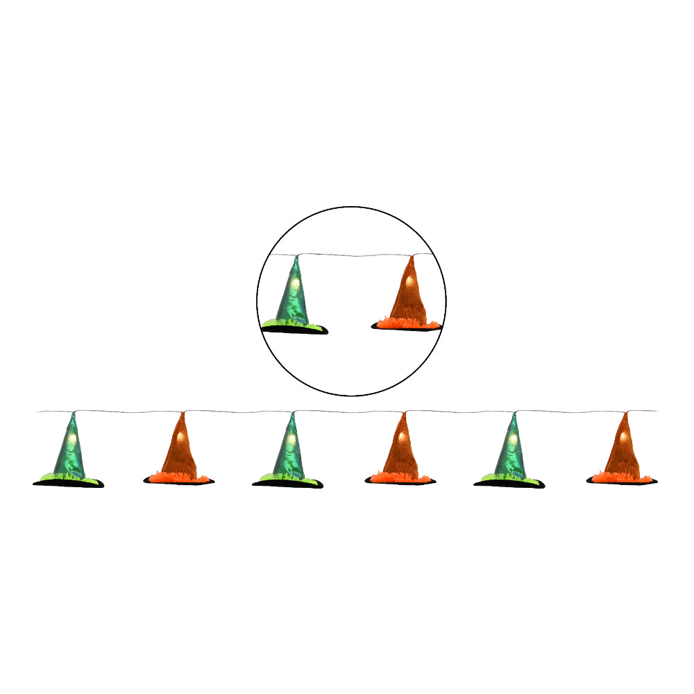 LED Witch Hat Halloween Garland - 1.2m, Green and Orange, Metallic Finish