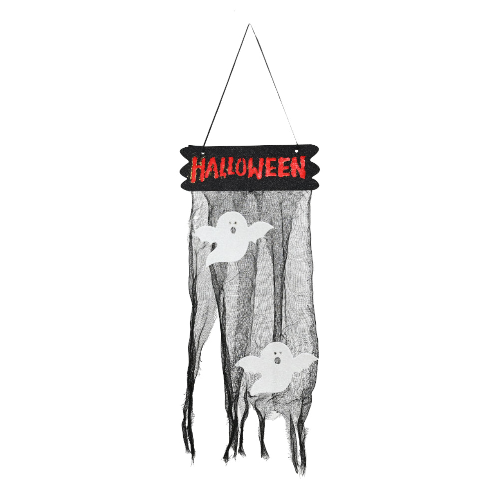 Halloween Hanging Door Sign - Black Glitter, Ghost and Gauze Design
