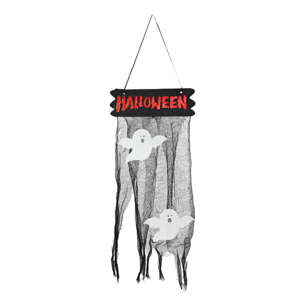 Halloween Hanging Door Sign - Black Glitter, Ghost and Gauze Design