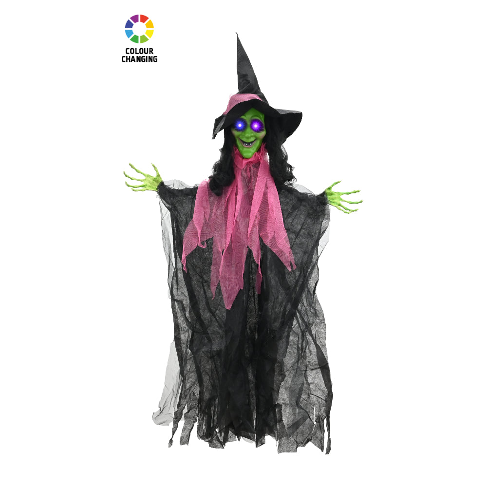 Animated Hanging Witch Halloween Decoration - Colour-Changing Eyes