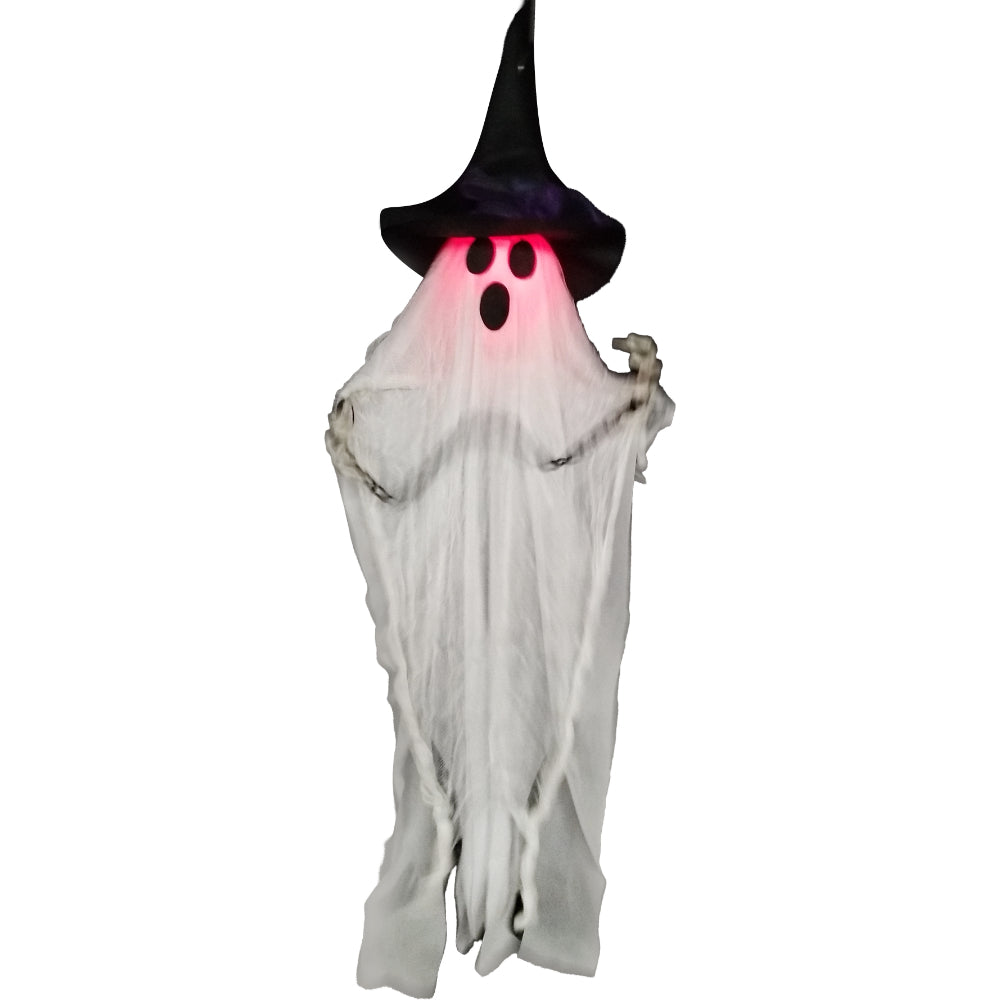 Animated Hanging Witch Ghost Decoration - Red Light-Up Face, Skeletal Arms