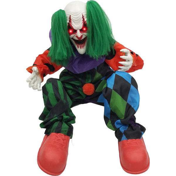 Animated Sitting Clown Halloween Decoration - Glowing Red LED Eyes