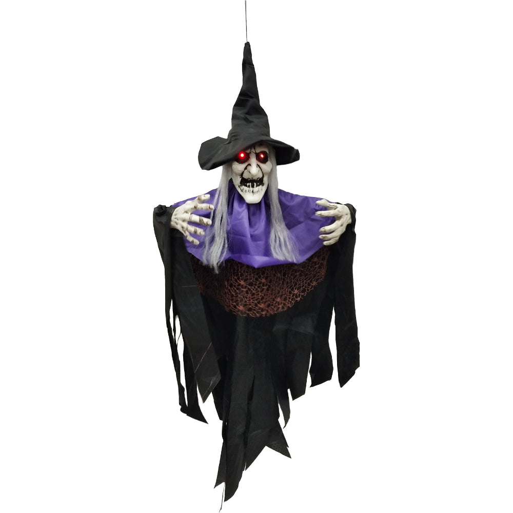 Animated Hanging Witch Halloween Decoration - Glowing Red Eyes, Tattered Robes