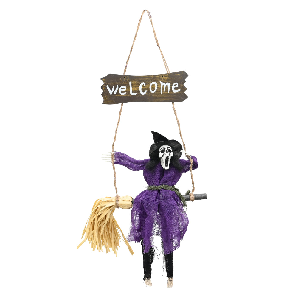 Hanging Witch on a Swing Halloween Decoration - Welcome Sign, Purple Robe