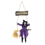 Hanging Witch on a Swing Halloween Decoration - Welcome Sign, Purple Robe