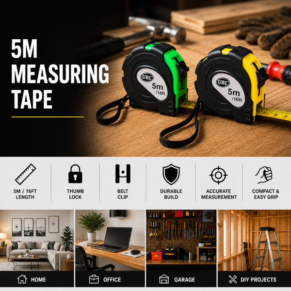 Fluorescent Rubber Grip Tape Measure Tool - 5m Measuring Length