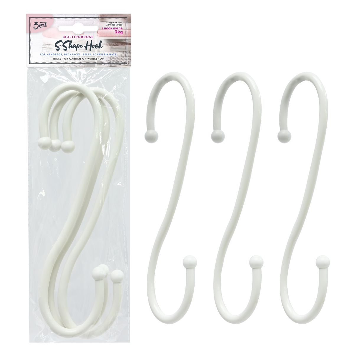 S-Shape Hook Laminated - White - 3 Pack