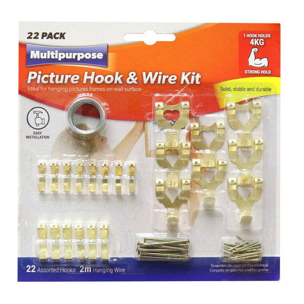 22pk Pic Hook Kit with Wire - Gold - Assorted