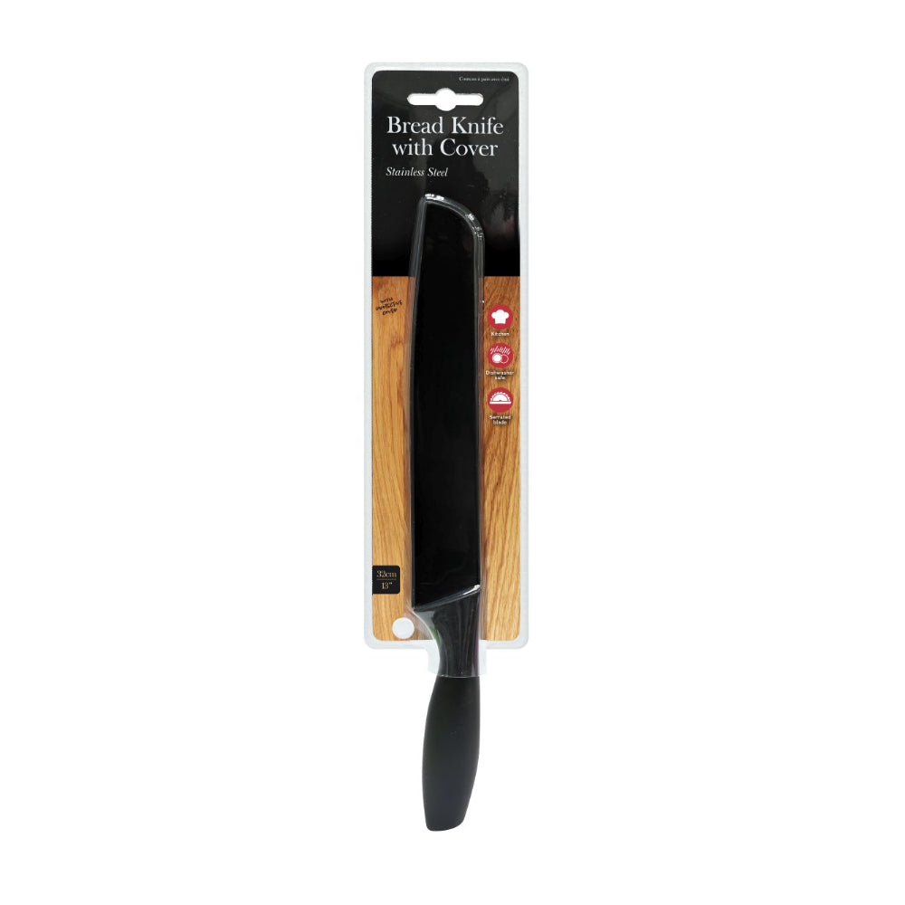 Stainless Steel Serrated Bread Knife with Cover | 32cm, Black Handle