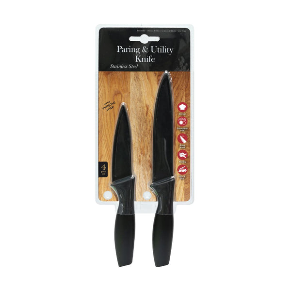 Stainless Steel Paring and Utility Knife Set | with Blade Covers, Black