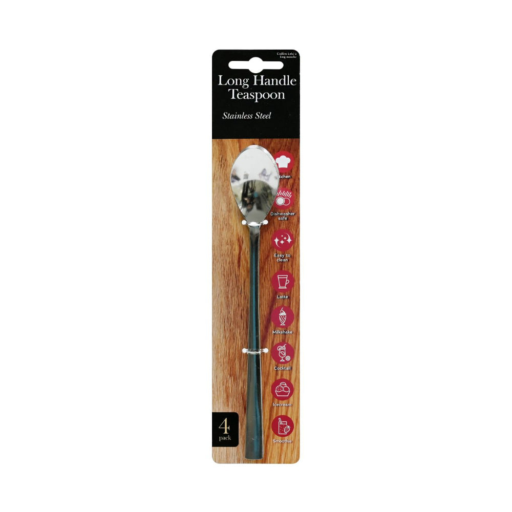Long Handle Stainless Steel Teaspoons | Pack of 4, Dishwasher Safe