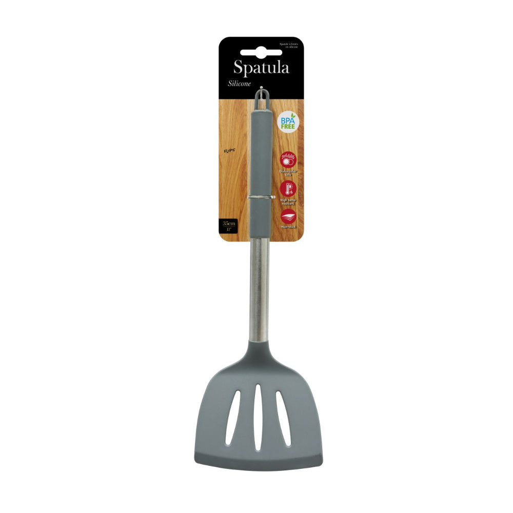 Grey Silicone Slotted Turner Spatula | 35cm, Stainless Steel Handle