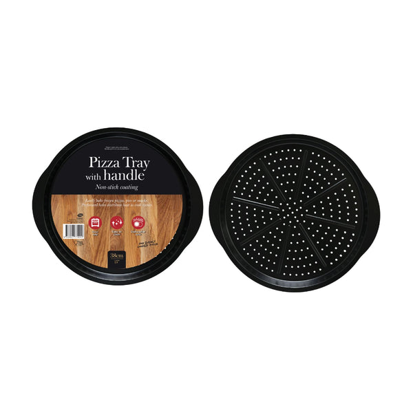 Non-Stick Round Perforated Pizza Baking Tray with Handles | 38cm, Black