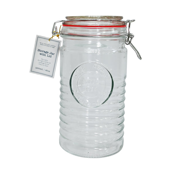 Glass Storage Jar with Airtight Clamp Lid | 1200ml, Ribbed Clear Glass