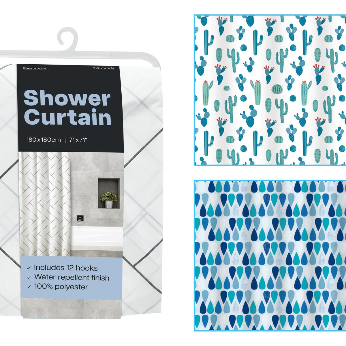 Shower Curtain Print - 3 Assorted Patterns - 180x180cm