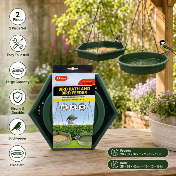 Hanging Bird Bath and Bird Feeder Set - 2 Pieces