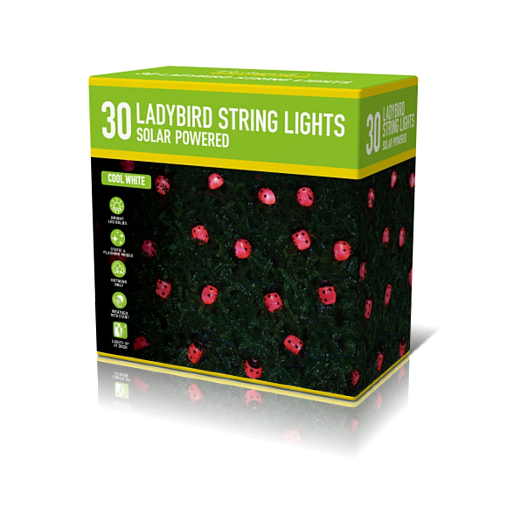 Solar Ladybird Outdoor String Lights Pack of 30 | Cool White, Solar Powered