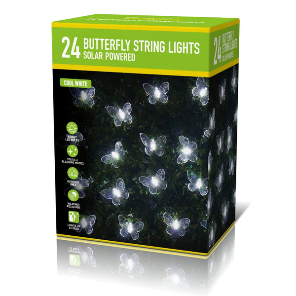 Solar Butterfly String Lights Outdoor | Cool White, Pack of 24