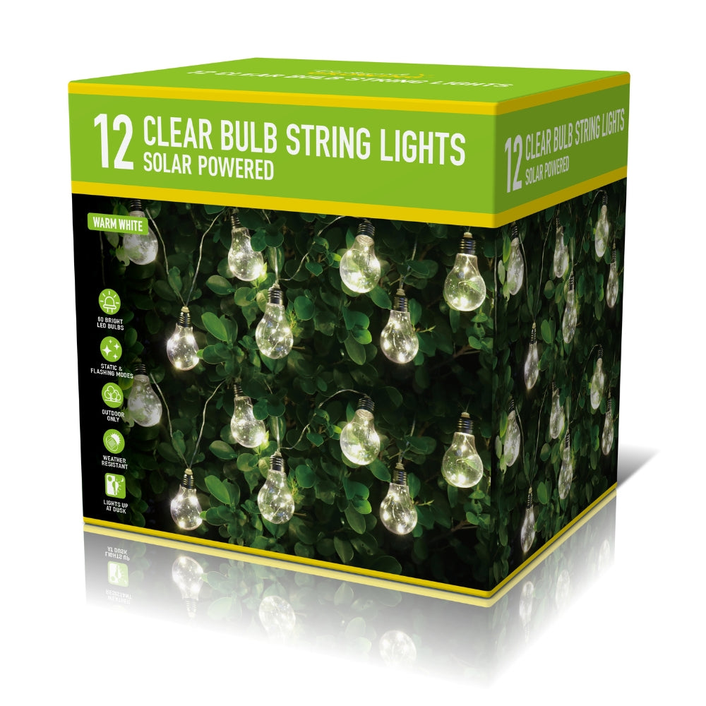 Solar Clear Bulb String Lights Outdoor Lights | Pack of 12, Warm White, 60 LEDs