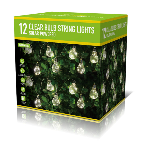 Solar Clear Bulb String Lights Outdoor Lights | Pack of 12, Warm White, 60 LEDs