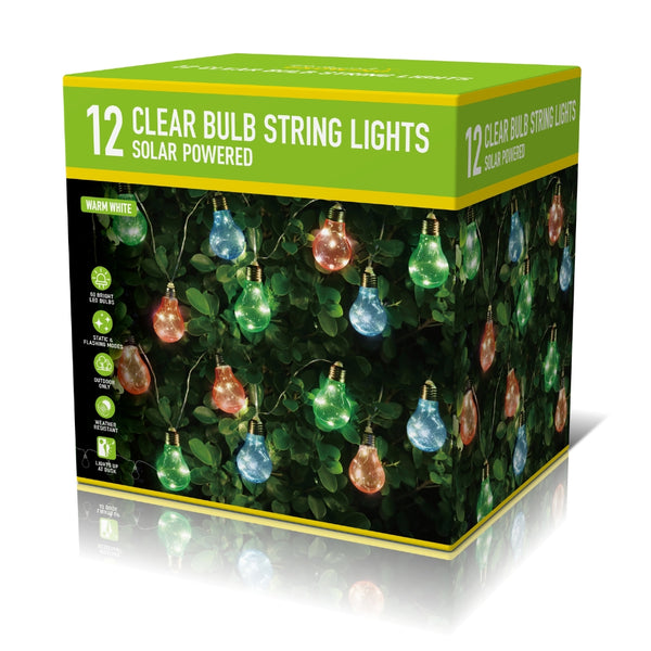 Solar Coloured String Lights Pack of 12 | 60 LED Bulbs, Warm White, Outdoor