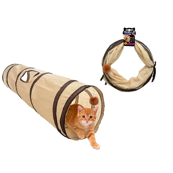 Cat Play Tunnel with Dangling Ball Toy - 25 x 86cm, Beige and Brown