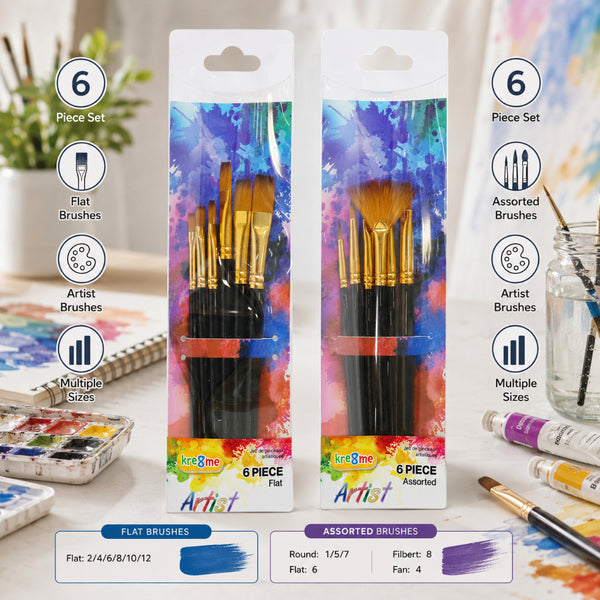 Artist Paint Brush Set Art Brushes - 6 Pieces, 2 Assorted Designs