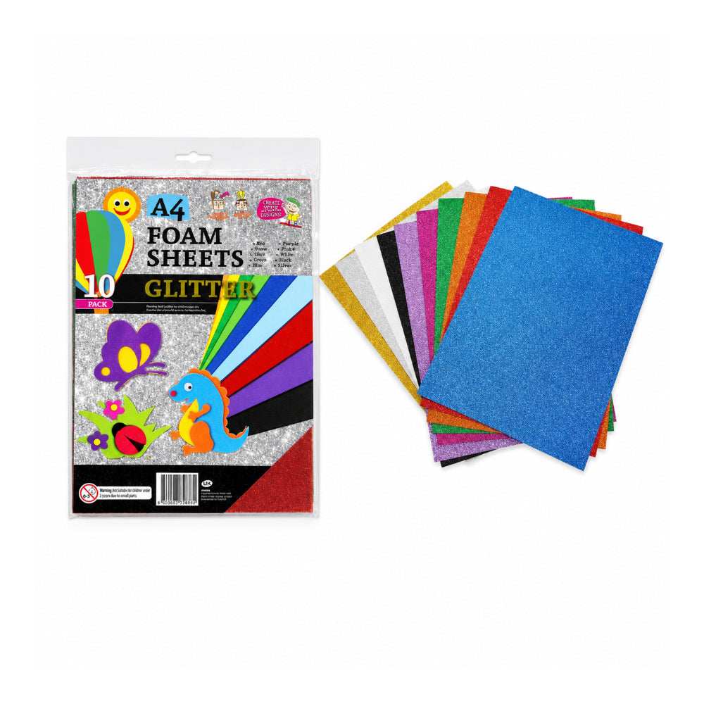 EVA A4 Glitter Foam Craft Sheets - Assorted Colours, Pack of 10