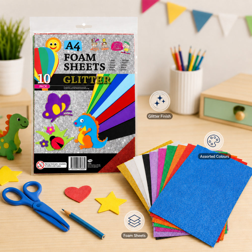 EVA A4 Glitter Foam Craft Sheets - Assorted Colours, Pack of 10