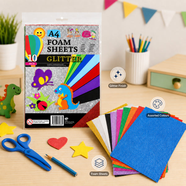 EVA A4 Glitter Foam Craft Sheets - Assorted Colours, Pack of 10