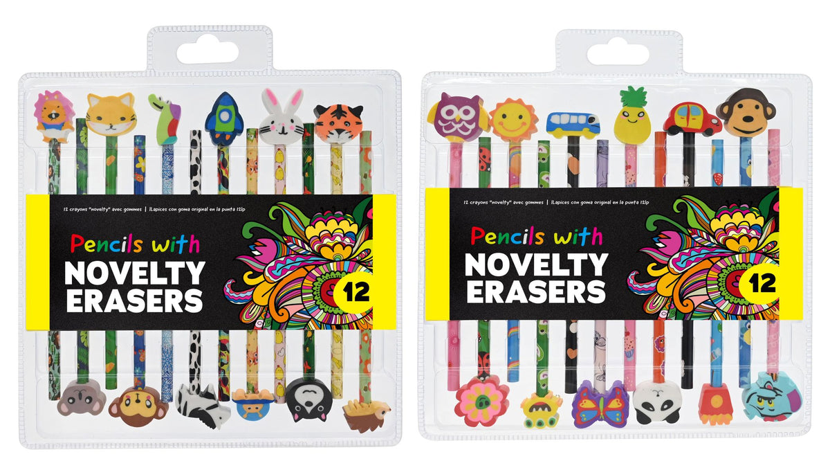 Pencils with Novelty Eraser - 12 Assorted Designs - Pack