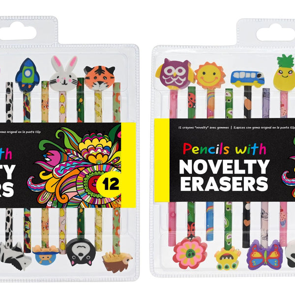 Pencils with Novelty Eraser - 12 Assorted Designs - Pack
