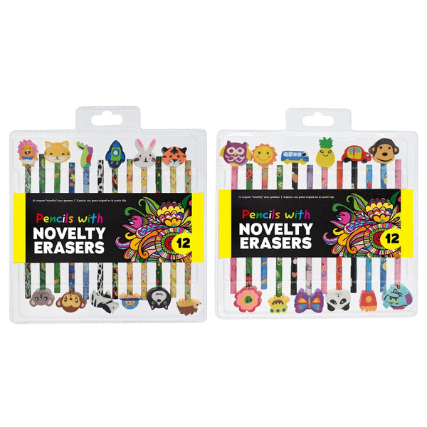 Pencils with Novelty Erasers - Assorted Designs - 12 Pack