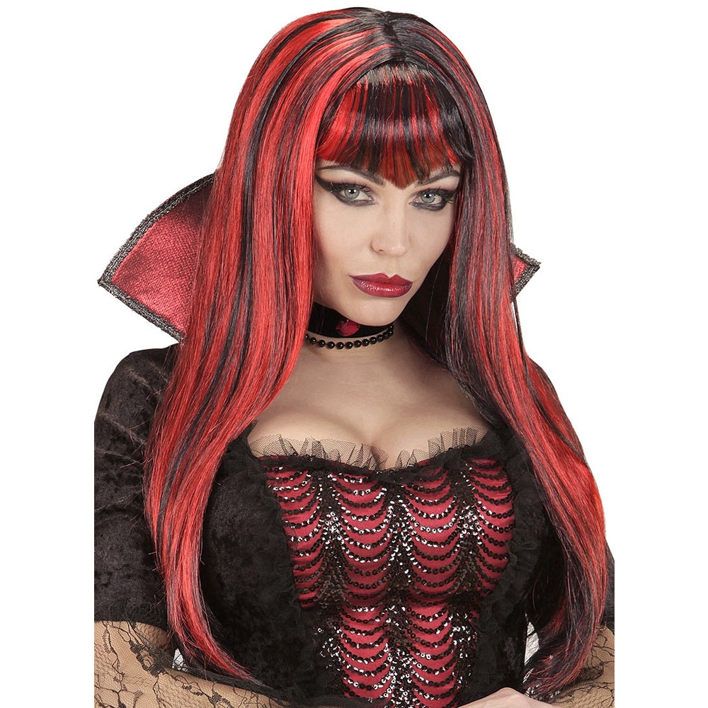Boo! Womens Red &amp; Black Striped Vampire Wig with Fringe