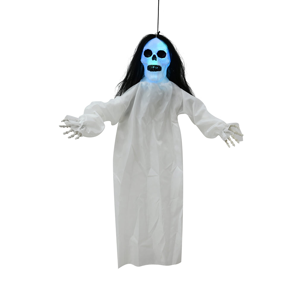 Boo! Light Up Hanging Girl Skeleton with Brown Hair | 90cm