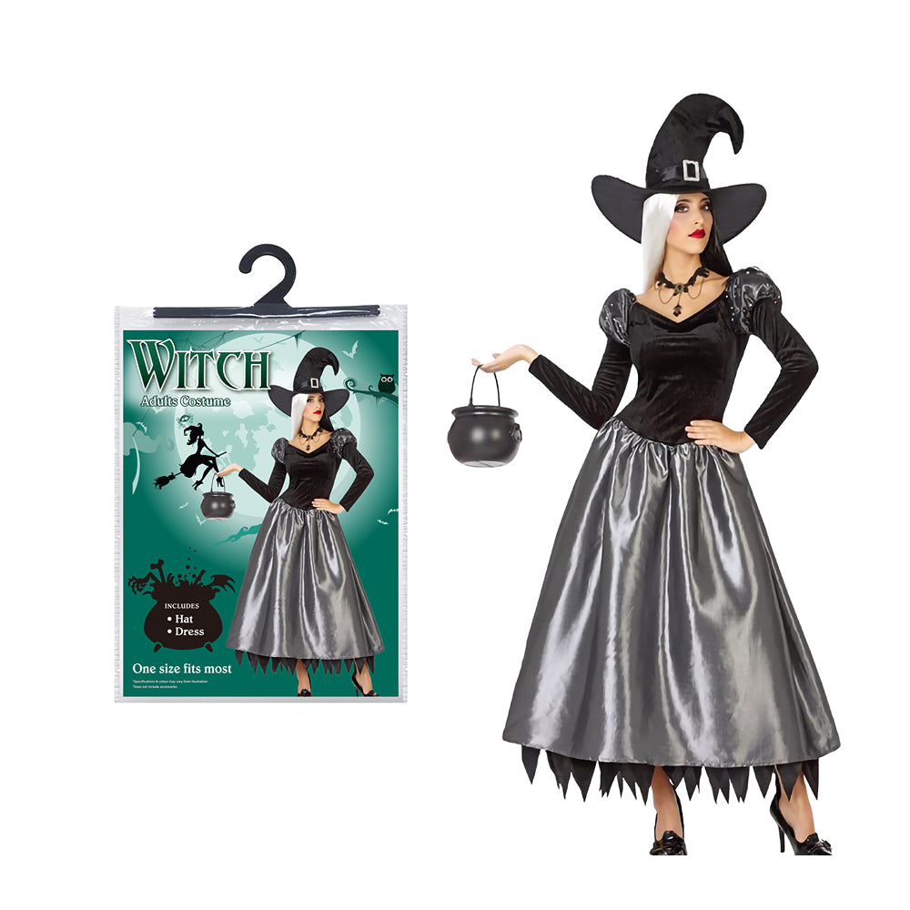 Boo! Black &amp; Silver Witch Dress Costume with Hat | One Size