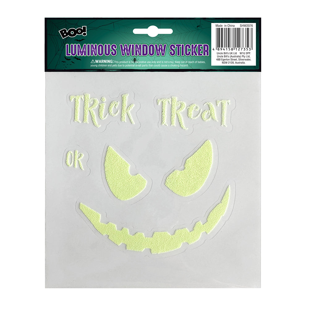 Boo! Luminous Trick or Treat Pumpkin Feature Window Sticker | 12cm