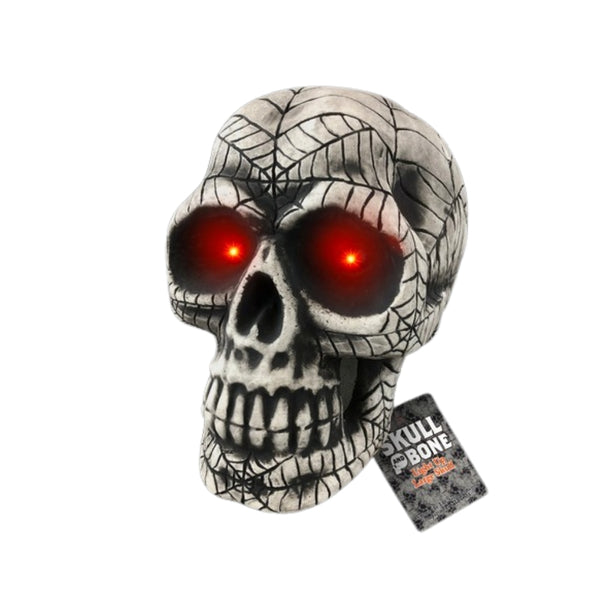 LED Light Up Spider Web Halloween Skull Decoration | Red Glowing Eyes