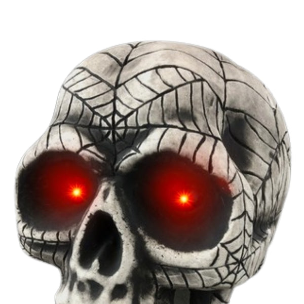 LED Light Up Spider Web Halloween Skull Decoration | Red Glowing Eyes